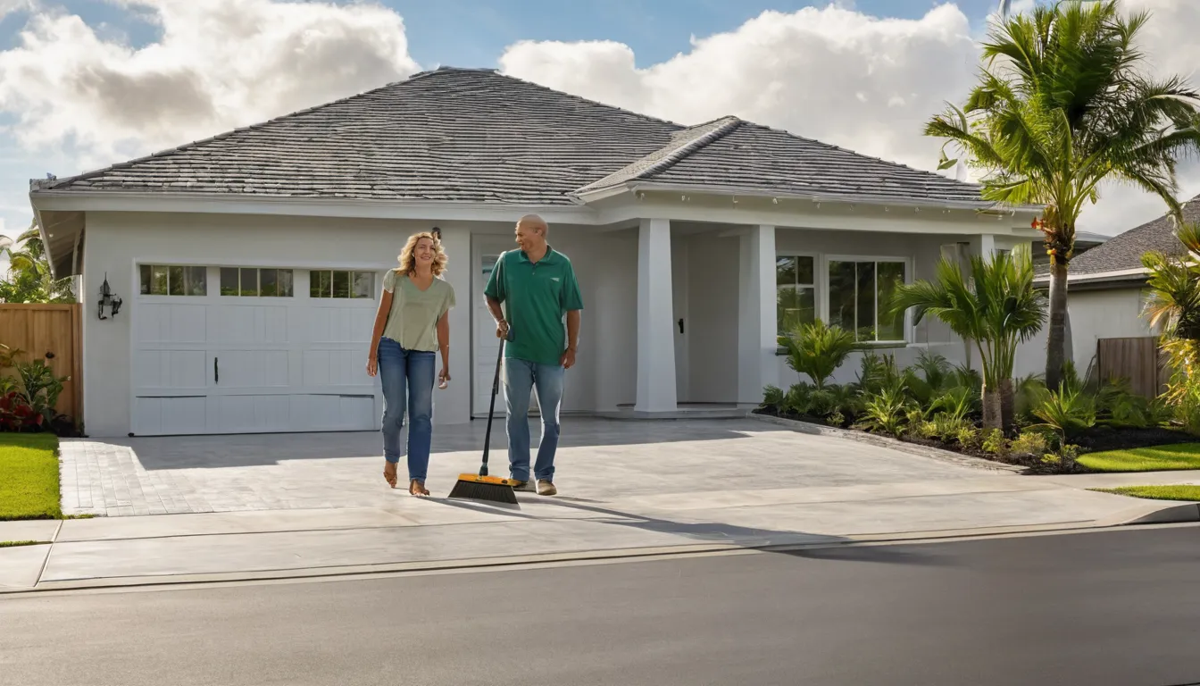 A new concrete driveway with a clean broom finish leading to a single-story block home in the Eustis area