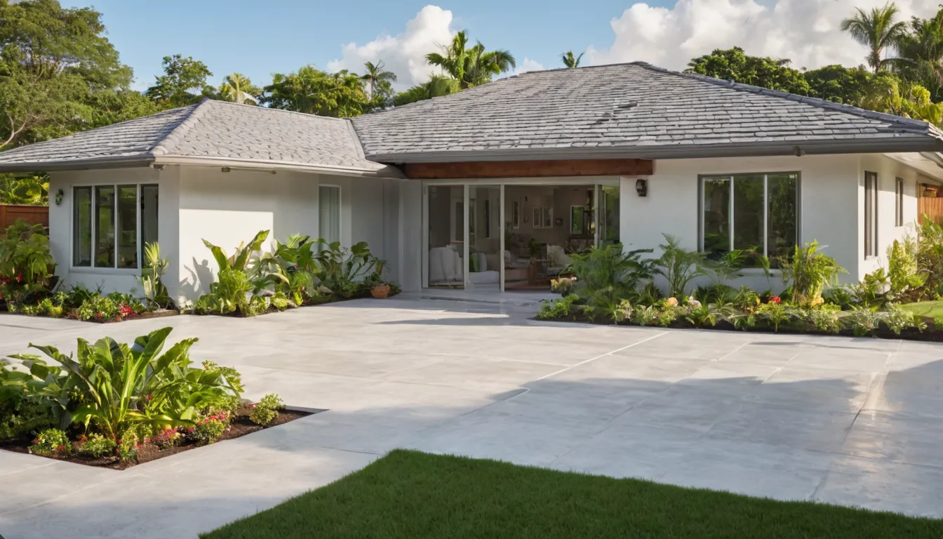 Newly poured concrete patio behind a single-story block home in Eustis with a homeowner couple admiring it