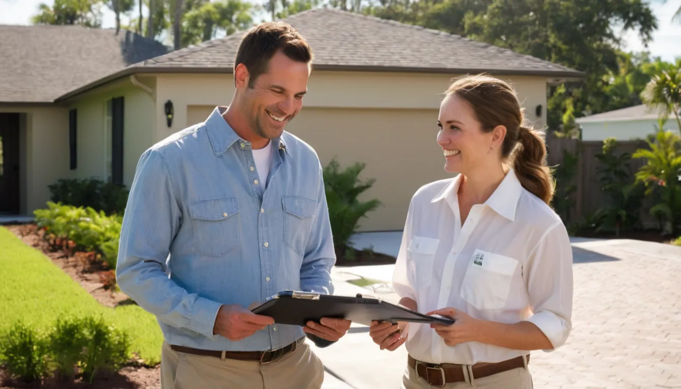 A homeowner reviewing a written concrete quote with a local provider in the Eustis area