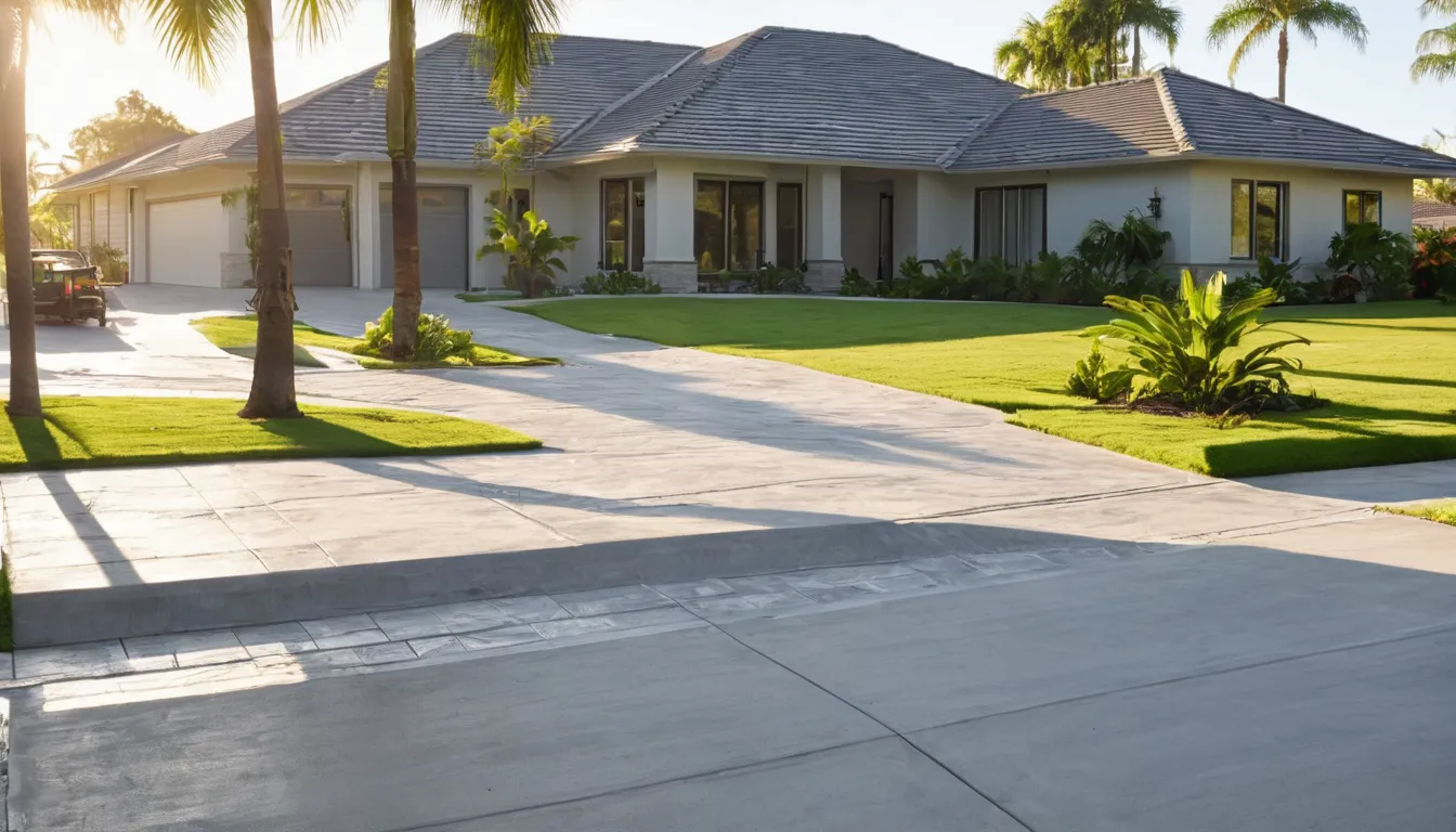 A new broom-finished concrete driveway beside a single-story block home in Eustis