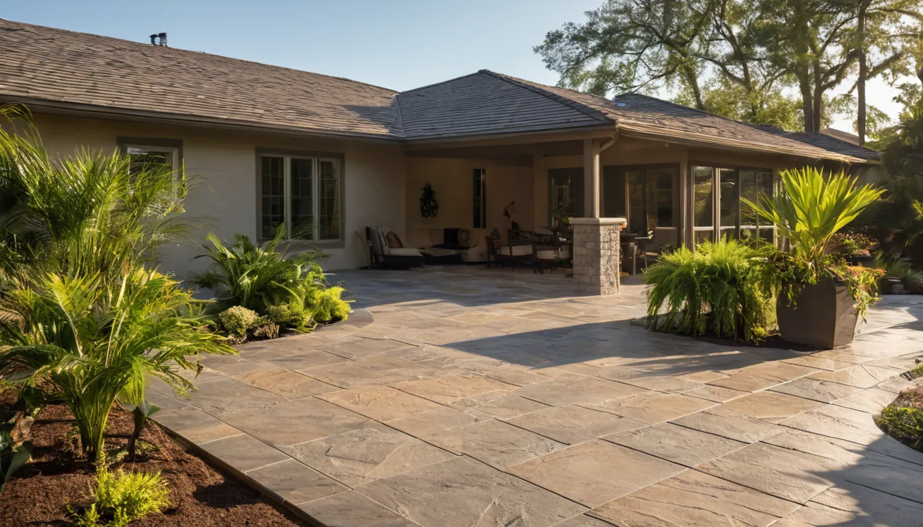 Newly finished stamped concrete patio with a stone pattern behind a home in Eustis